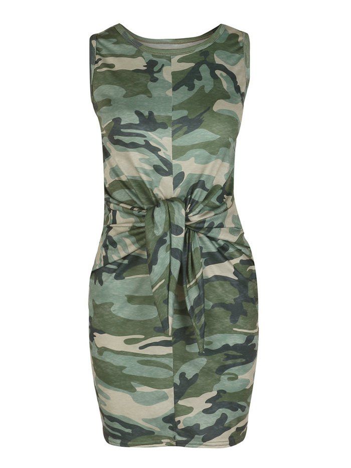 

Front Knot Camouflage Print Mini Dress, Woodland camouflage