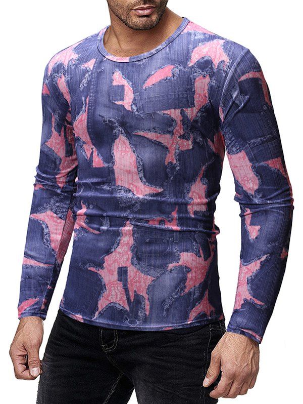

Patchworks Print Long Sleeves Slim Fit T-shirt, Multi-a