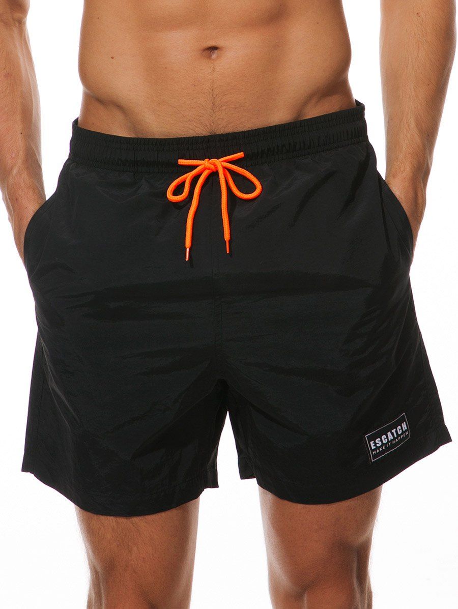 

Letter Patched Drawstring Beach Shorts, Black