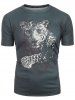 T-shirt 3D Léopard Imprimé à Manches Courtes - Paon Bleu XS