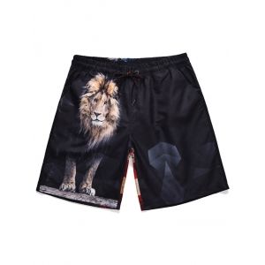 

American Flag Lion Print Drawstring Beach Shorts, Black