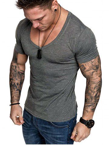 

Short Sleeves Solid Color V-nevk T-shirt, Gray