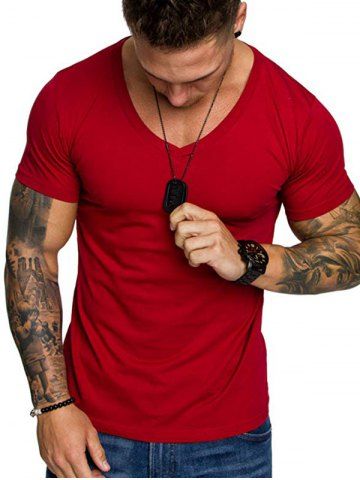

Short Sleeves Solid Color V-nevk T-shirt, Red