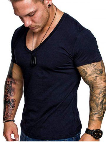

Short Sleeves Solid Color V-nevk T-shirt, Cadetblue