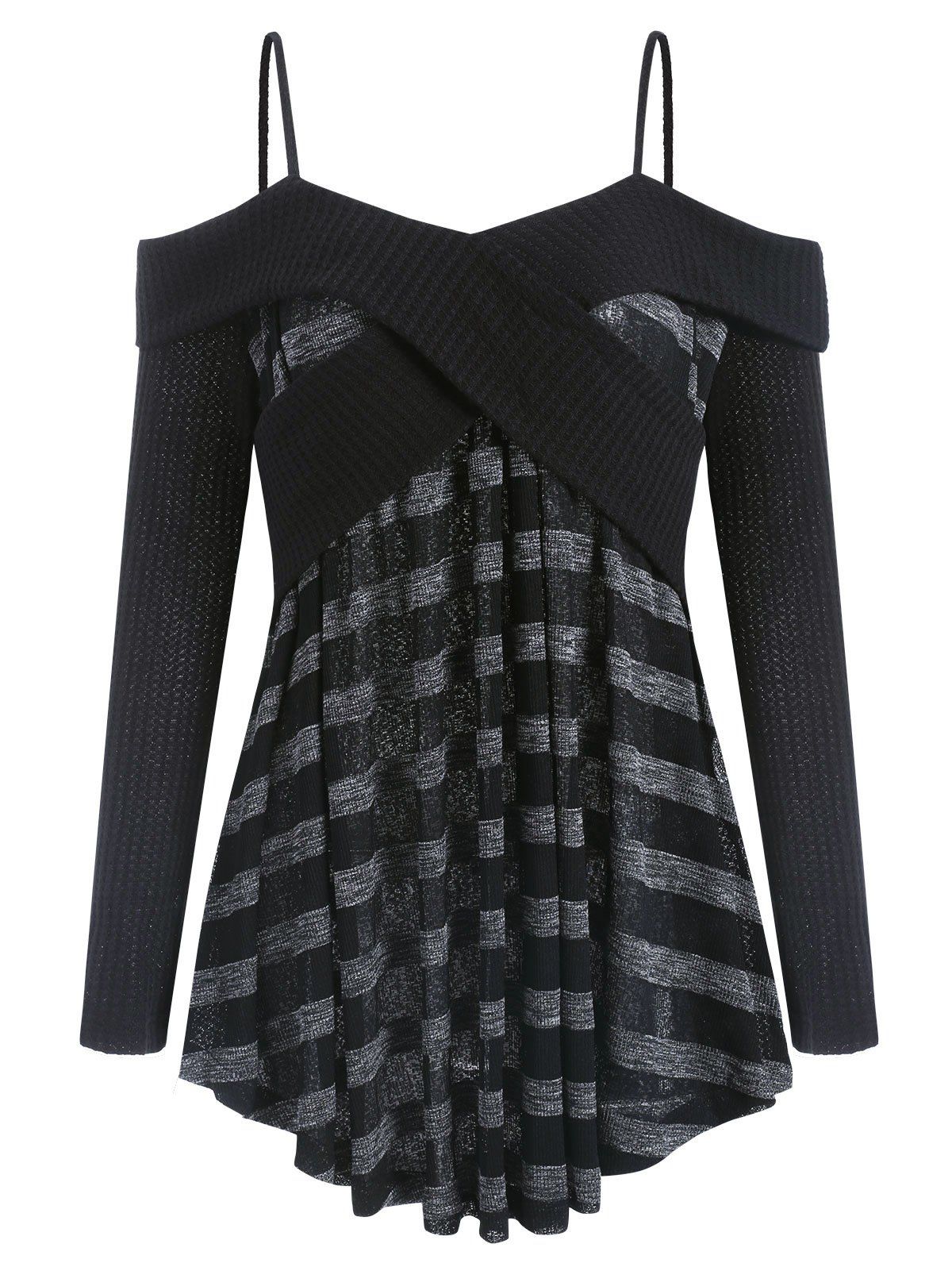 

Cold Shoulder Striped Criss Cross Sweater, Black