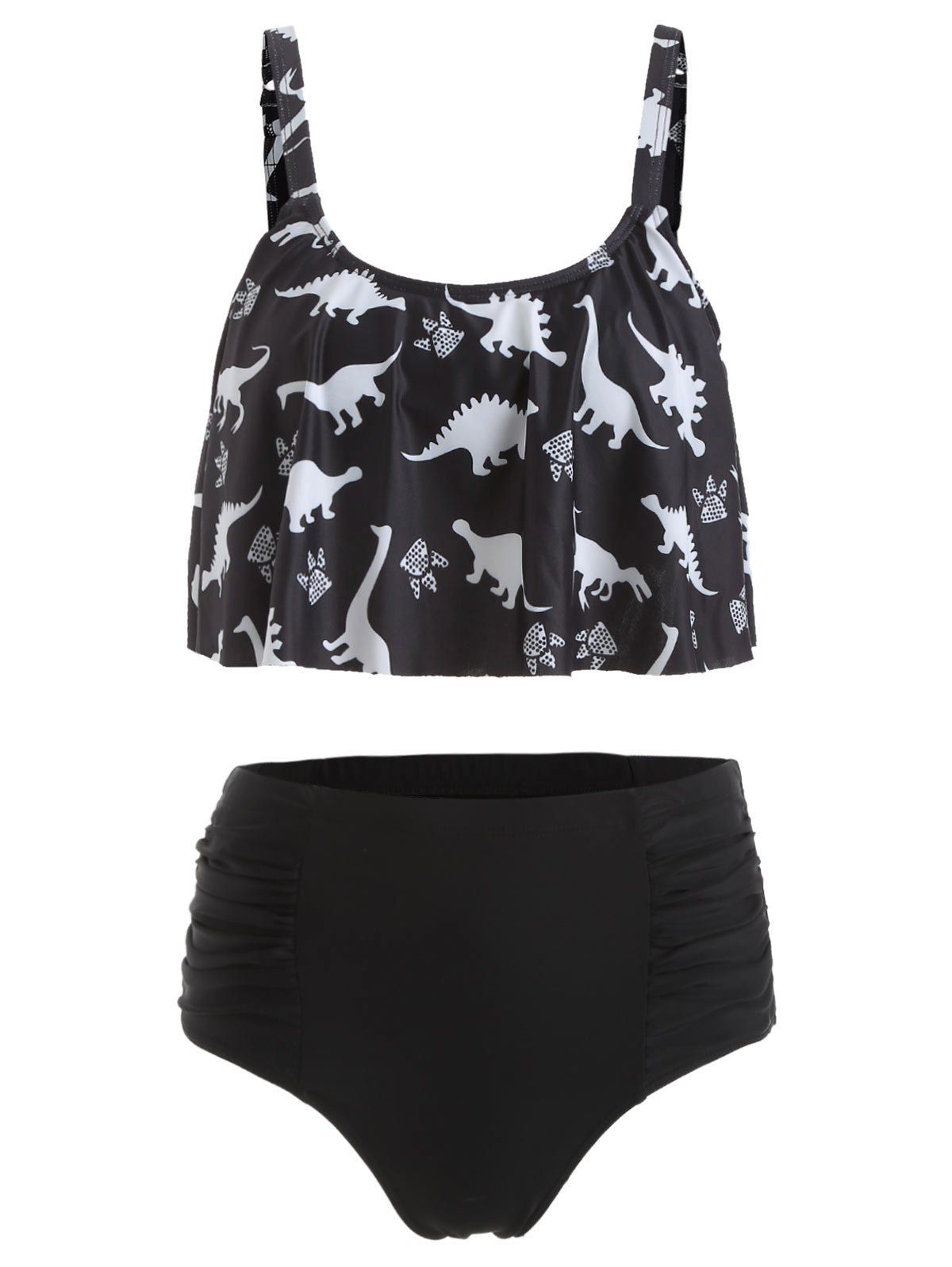 

Dinosaur Print Ruched High Waist Bikini Set, Black