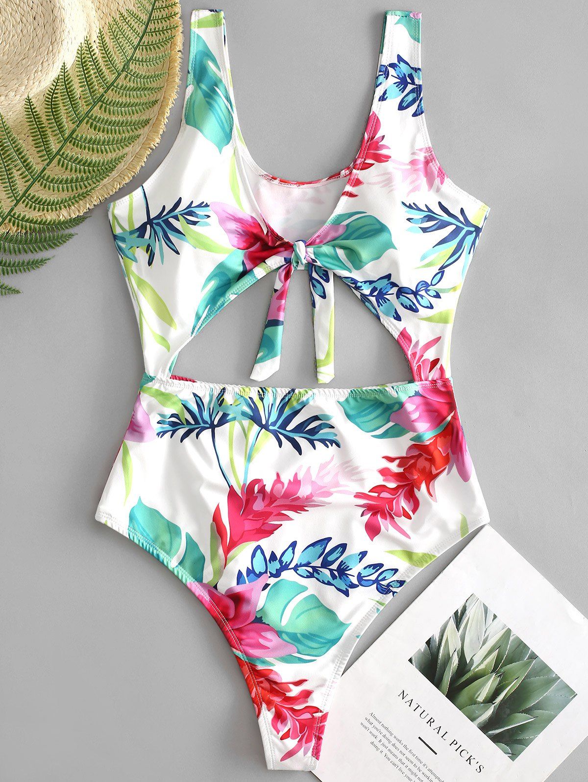 

Palm Leave Knotted Cut Out Swimsuit, Multi