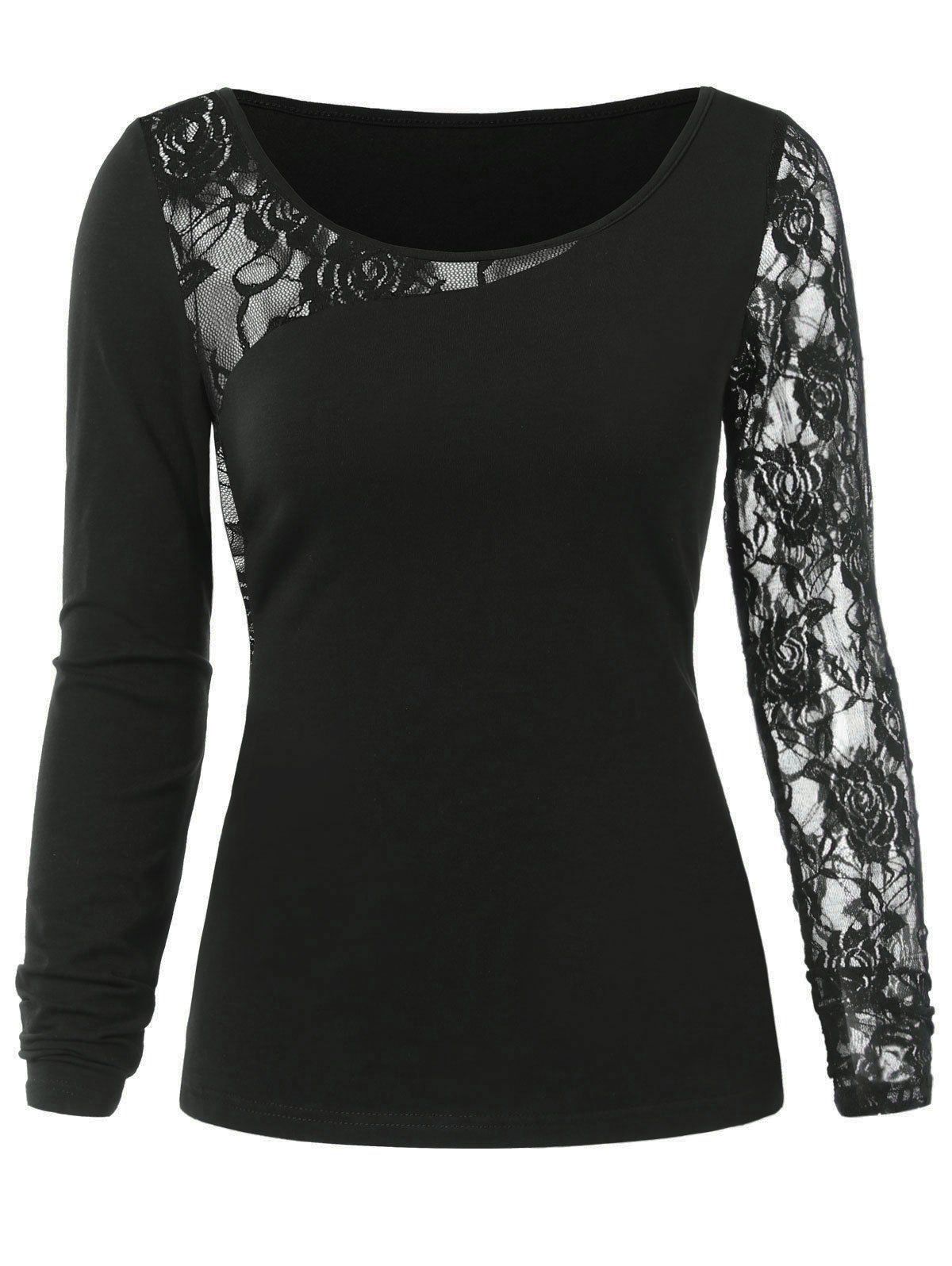 

Floral Lace Insert Tee, Black