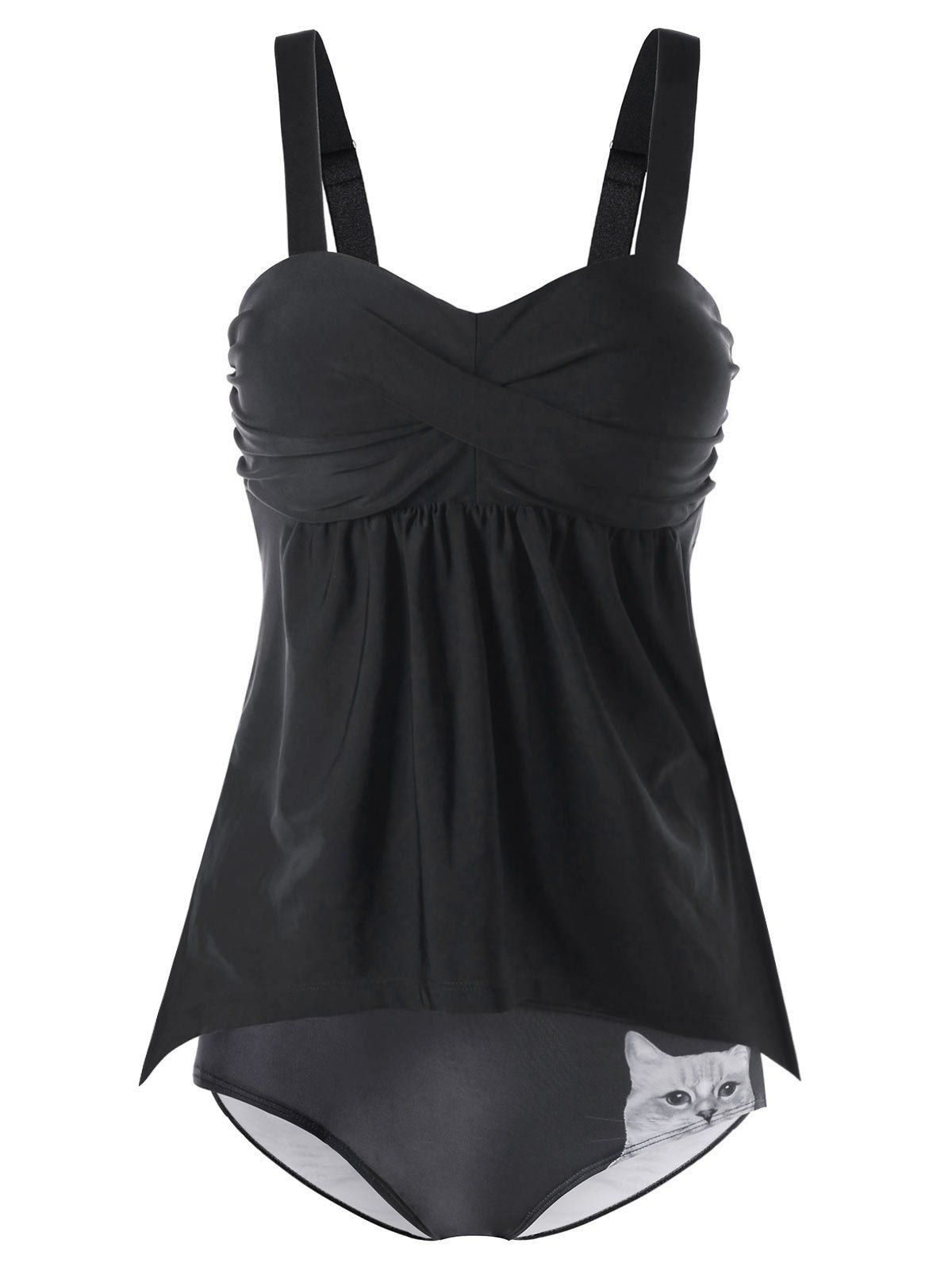 

Ruched Tankini Top and Cat Print Briefs, Black
