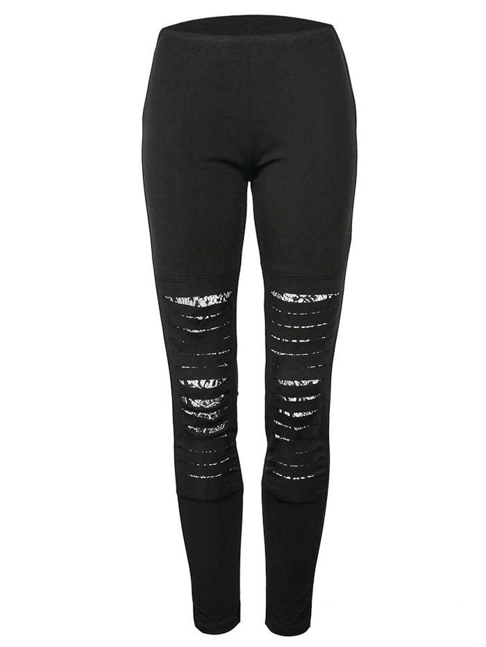 

Lace Insert Ripped Skinny Pants, Black
