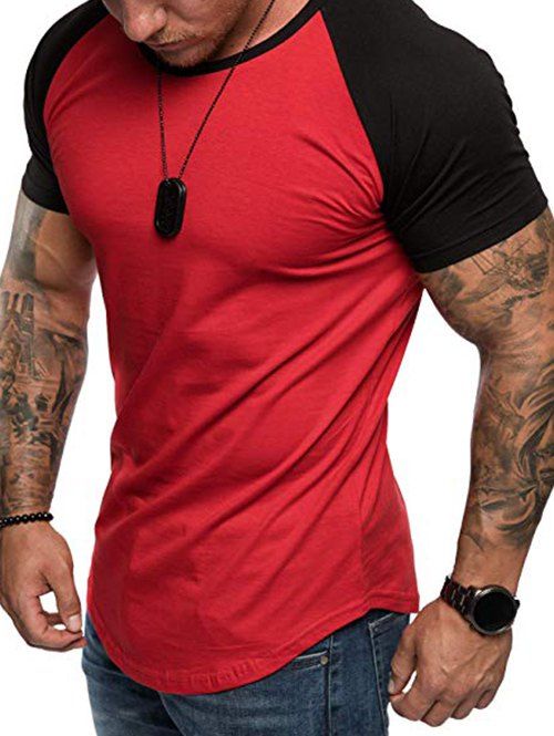 

Round Neck Color Block Panel Short Sleeves T-shirt, Red