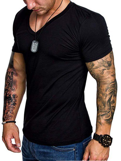 

Short Sleeves Solid Color V-nevk T-shirt, Black