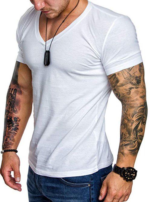 

Short Sleeves Solid Color V-nevk T-shirt, White
