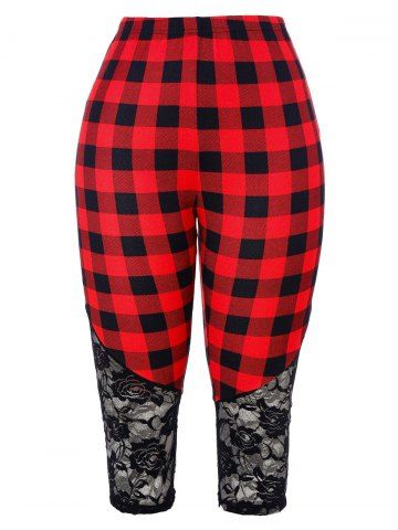 

Plus Size Lace Panel Plaid Skinny Capri Leggings, Red