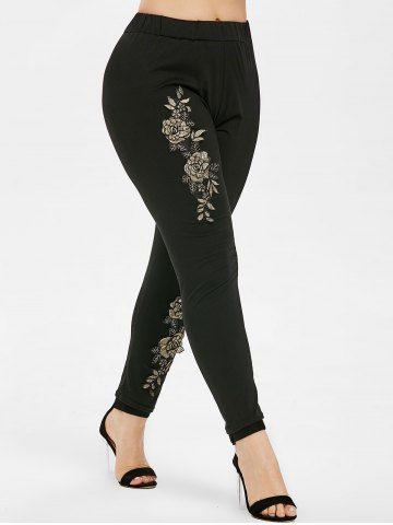 

Floral Embroidery Plus Size Elastic Waist Leggings, Black