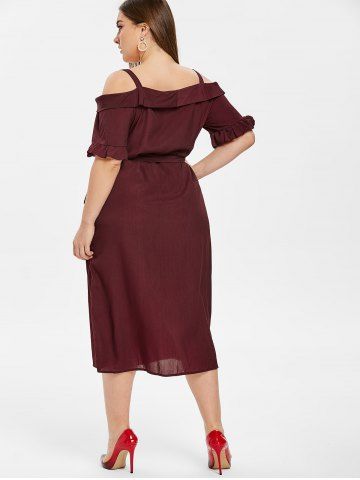 

Open Shoulder Plus Size Midi Wrap Dress, Red wine