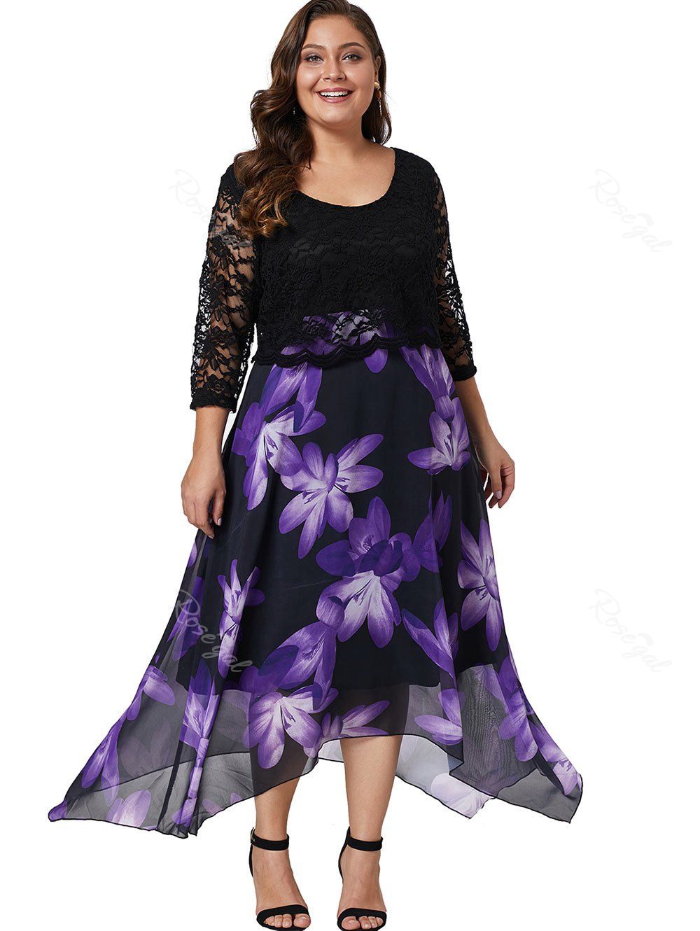 [46% OFF] Lace Sleeve Plus Size Floral Print Asymmetrical Dress | Rosegal