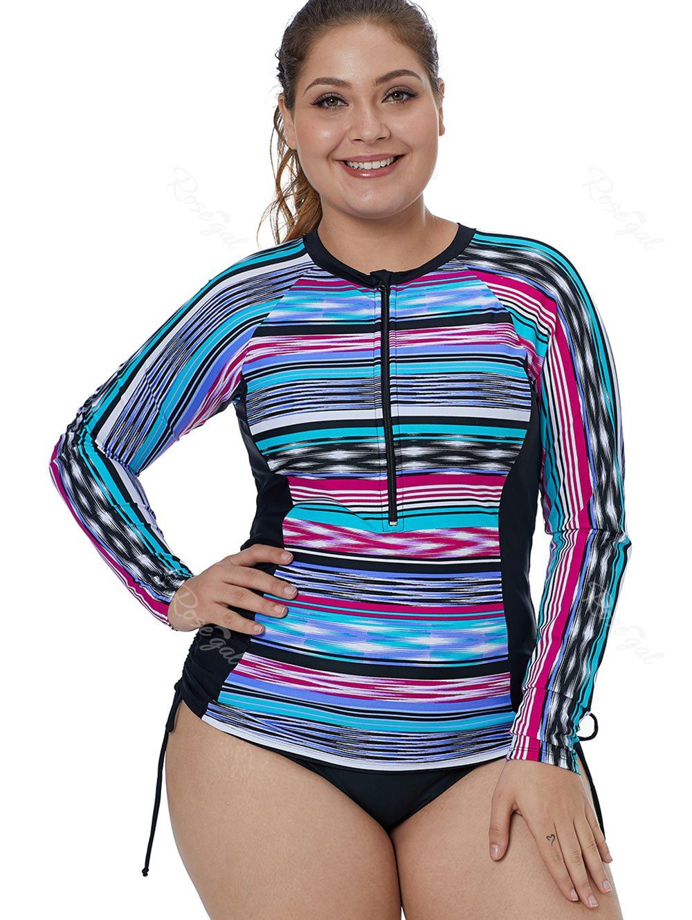 

Zip Embellished Plus Size Striped Surf Top, Multi