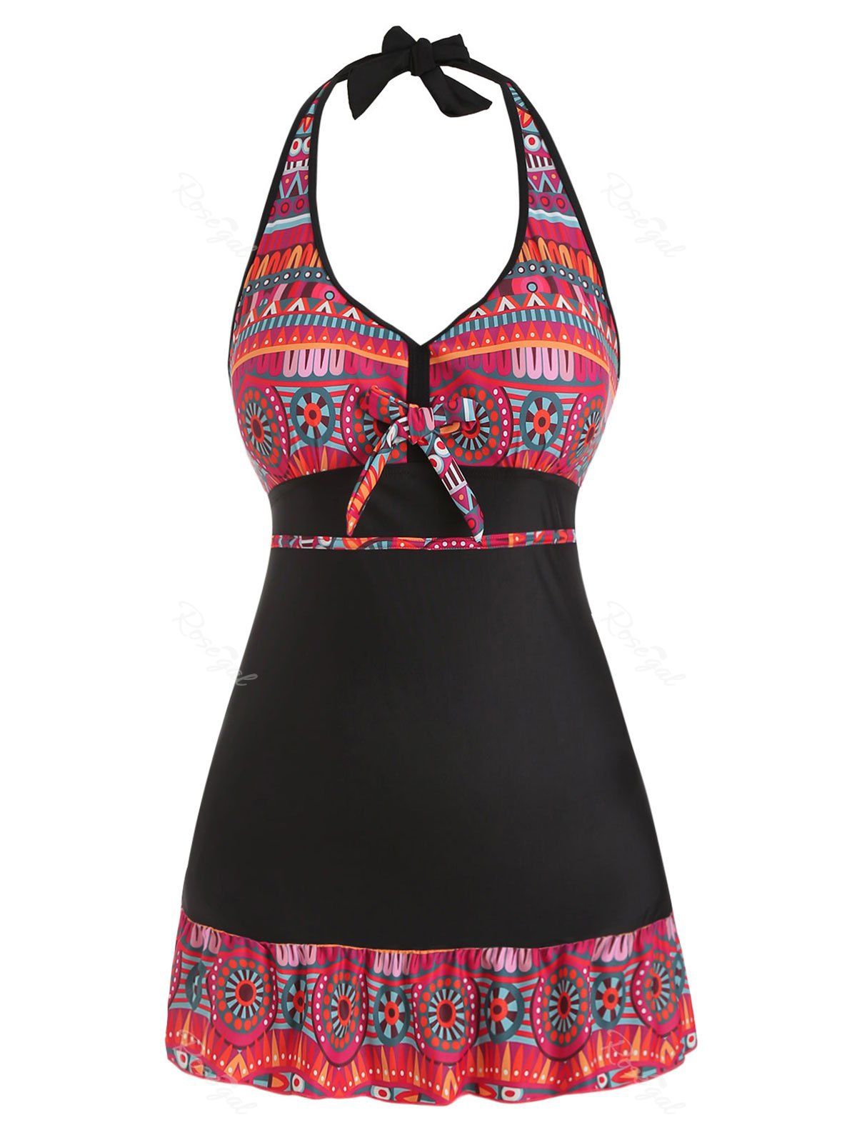 

Plus Size Halter Tribal Print Tankini Set, Black