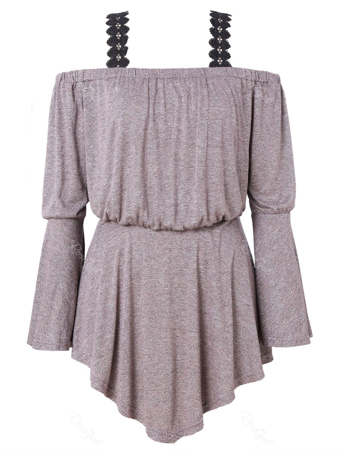 

Open Shoulder Plus Size Elastic Waist T-shirt, Gray
