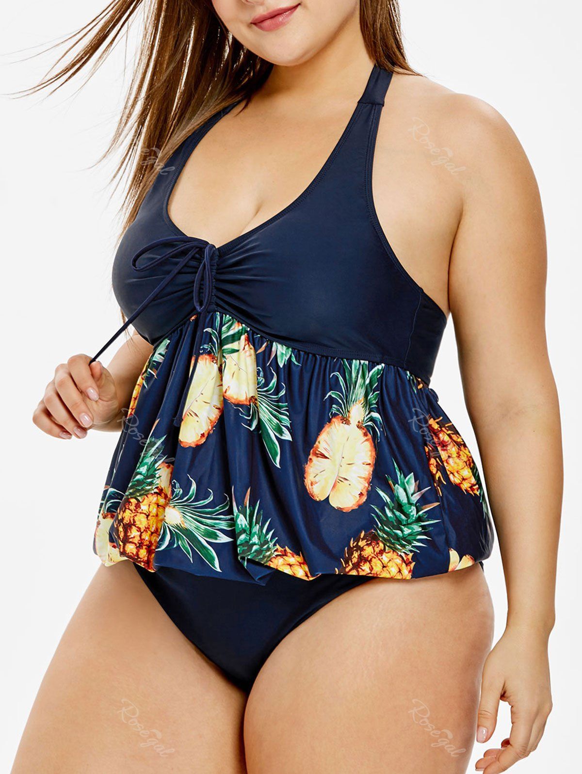 

Pineapple Print Plus Size Padded Tankini Set, Lapis blue