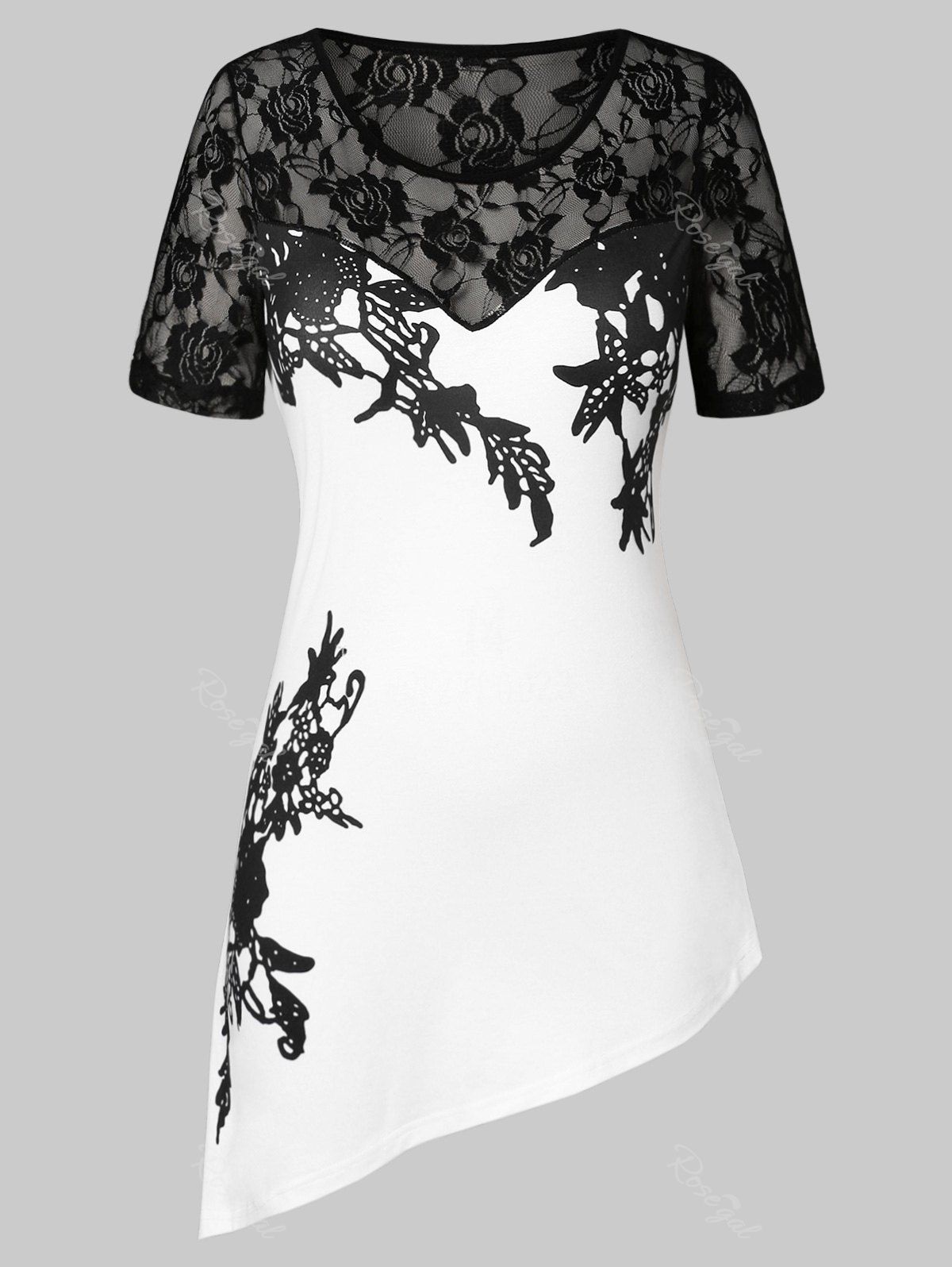 

Plus Size Asymmetrical Lace Insert T Shirt, White