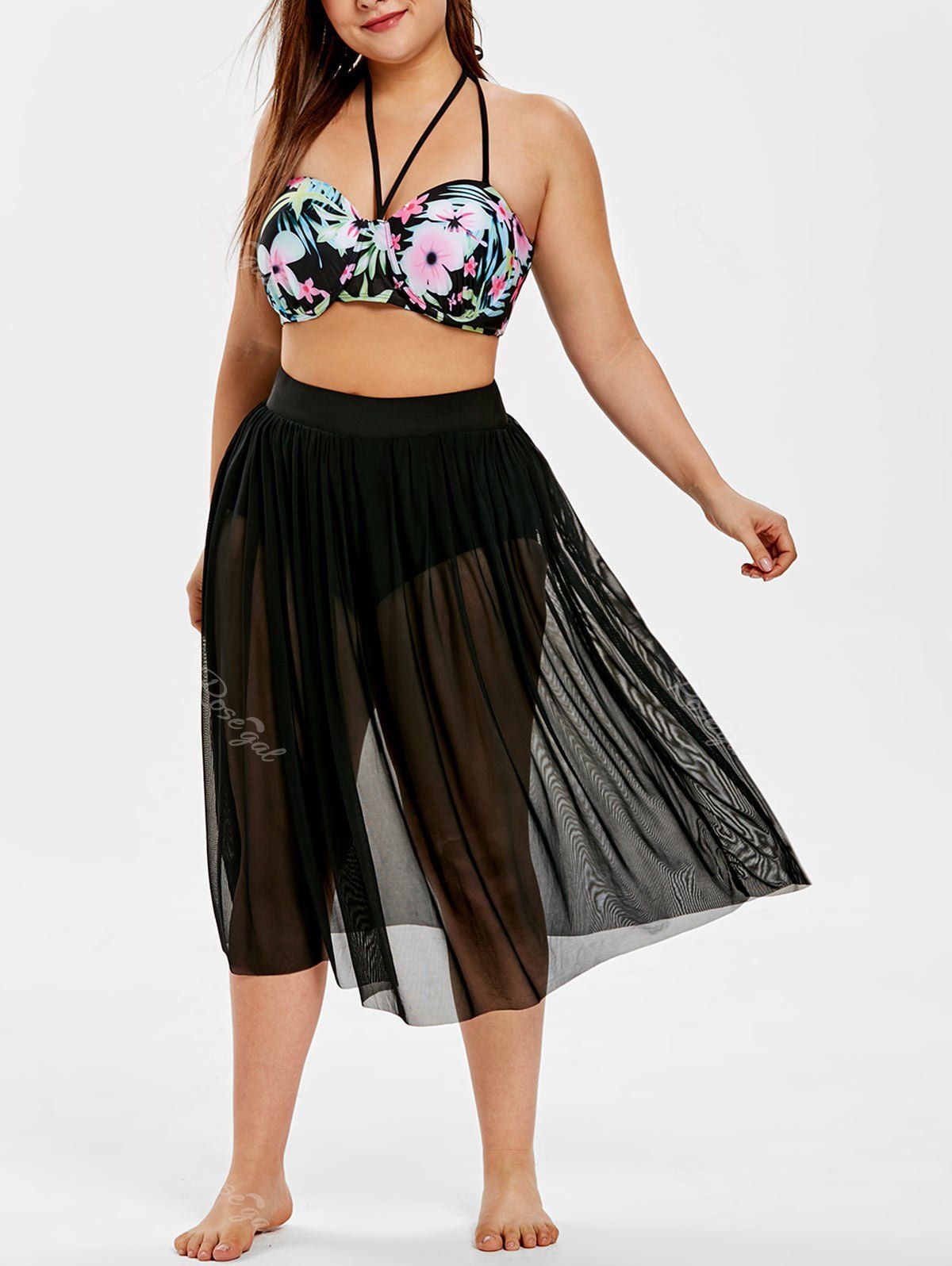 

Plus Size Floral and Leaf Print Underwire Bikini Set, Black
