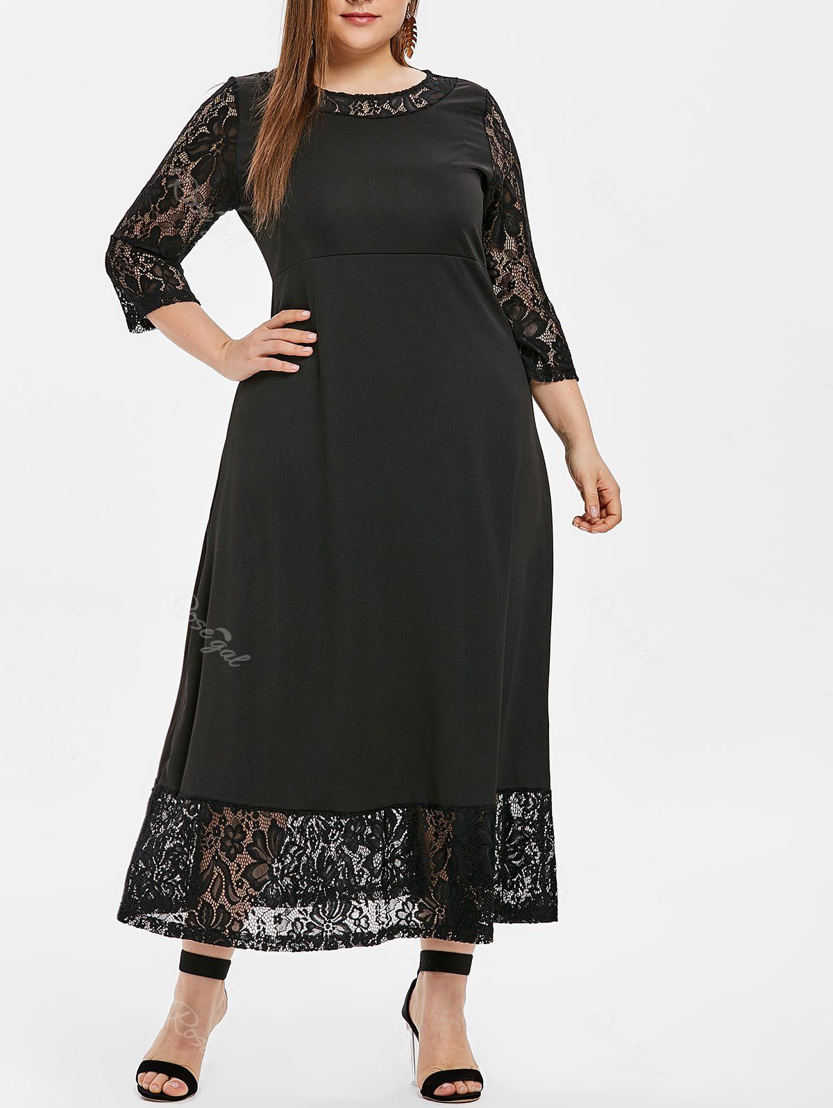 

Plus Size Lace Hem Round Neck Maxi Dress, Black