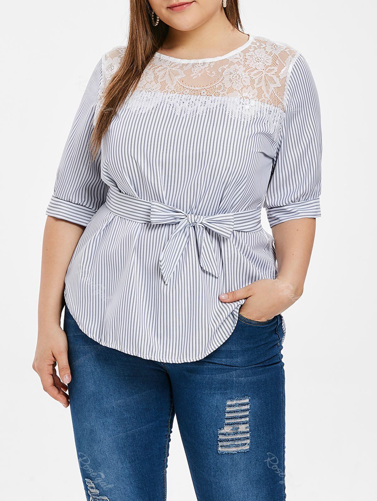 

Eyelash Lace Panel Plus Size Striped Shirt, Light sky blue