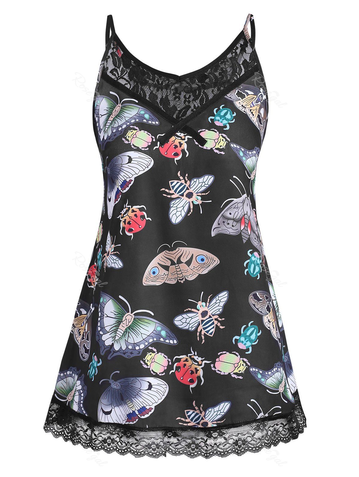 

Plus Size Lace Panel Butterfly Print Tank Top, Black