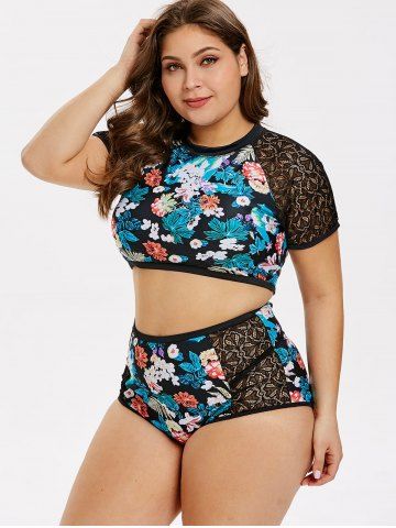 

Plus Size Floral Crop Bikini Top and Bottoms Set, Black
