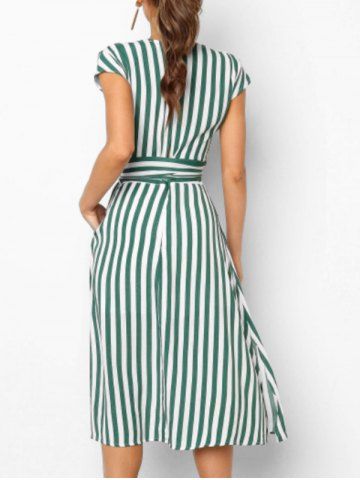 

V Neck Cut Out Striped Midi Dress, Cyan opaque