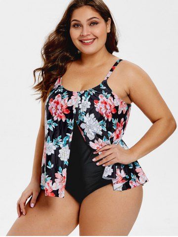 

Faux Twinset Floral Print Plus Size Swimsuit, Black