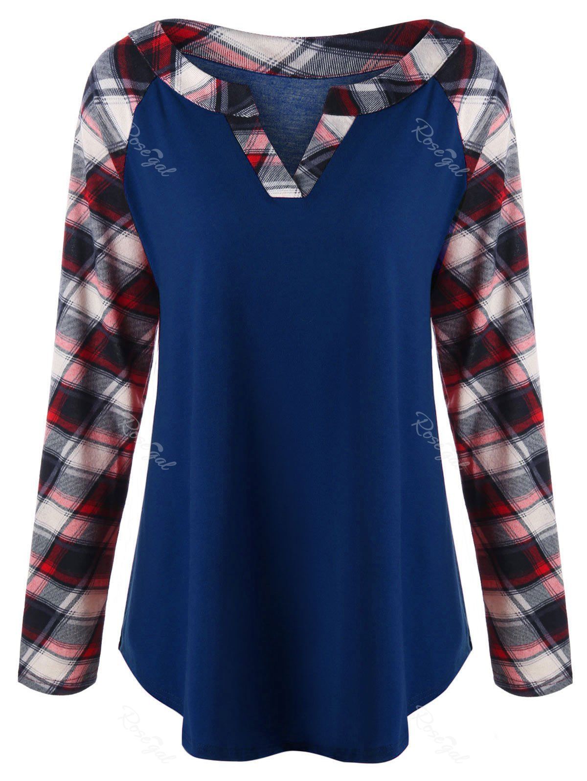 

Plus Size Raglan Sleeve Plaid T-shirt, Lapis blue