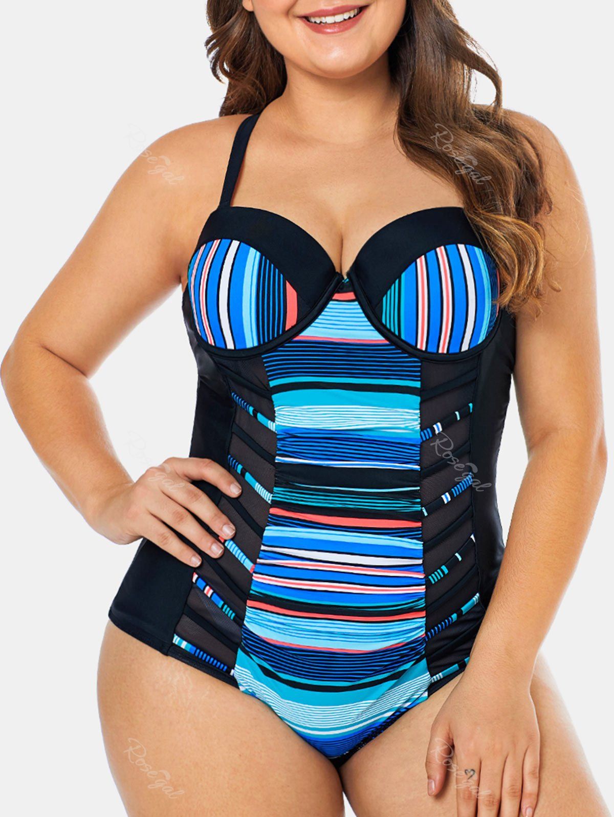 

Striped Panel Plus Size Back Criss Cross Swimwear, Multi