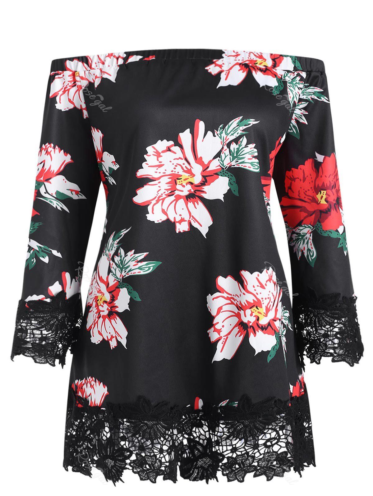 

Off Shoulder Floral Print Lace Trim Plus Size Blouse, Black