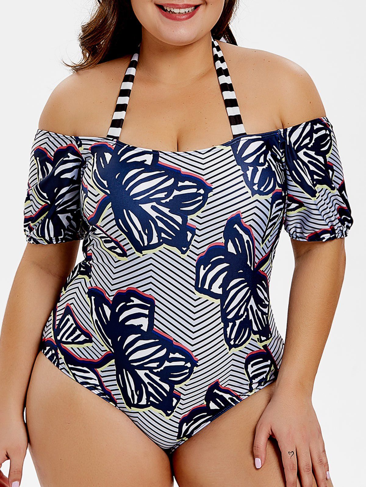 

Halter Striped Print Plus Size Swimsuit, Multi