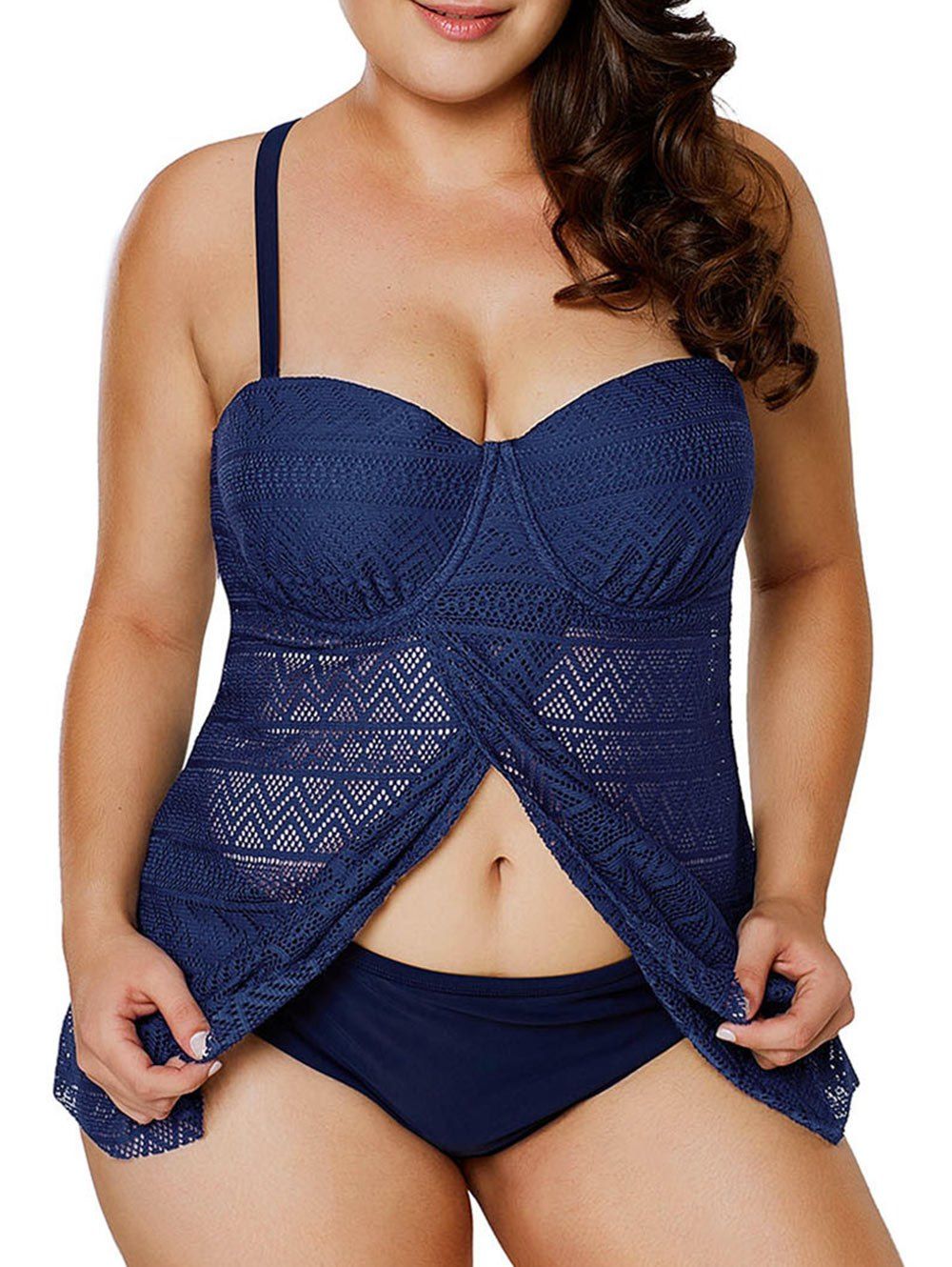 

Front Slit Plus Size Underwire Tankini Set, Dark slate blue