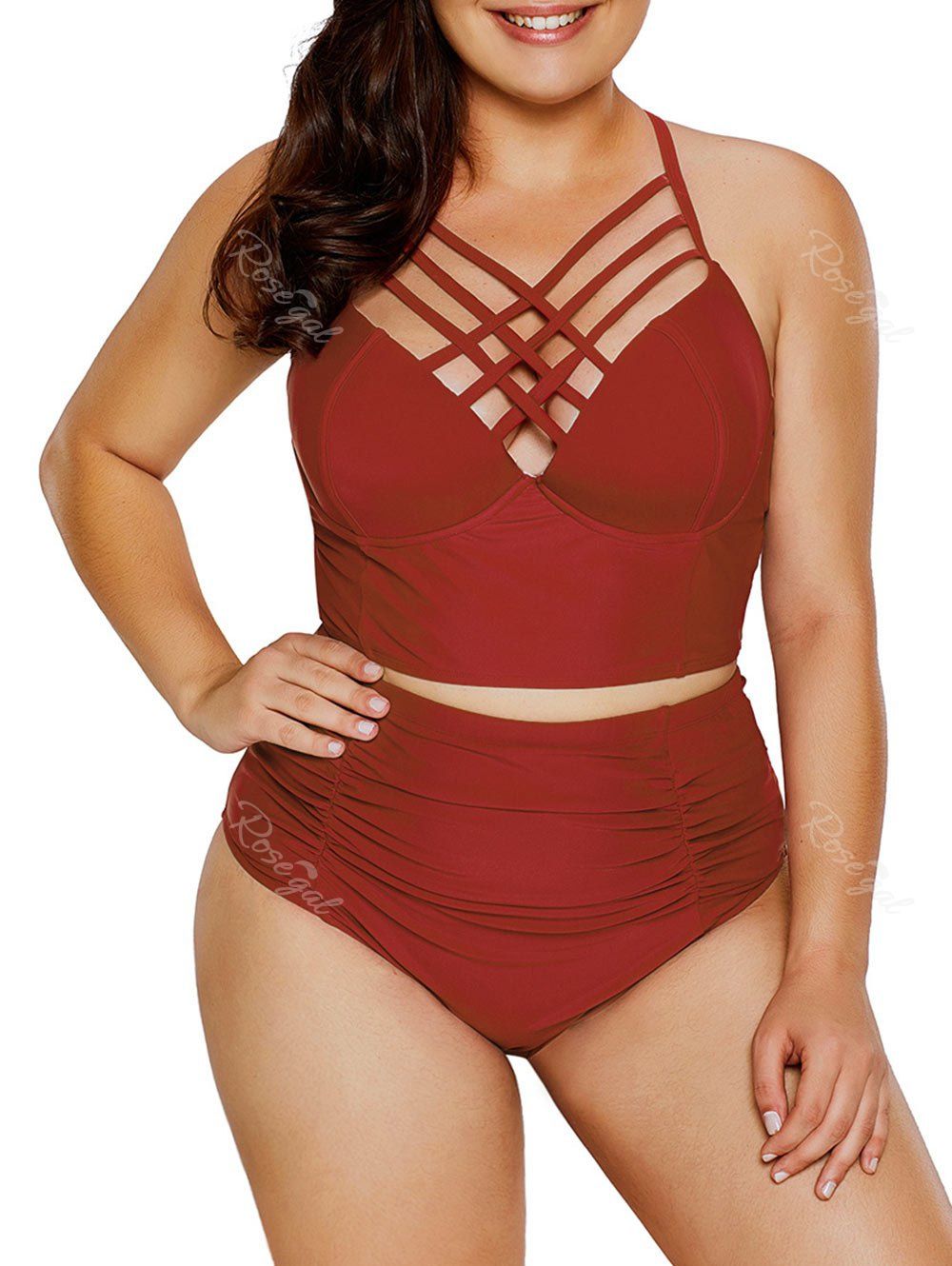 

Criss Cross Plus Size Underwire Tankini Set, Red wine
