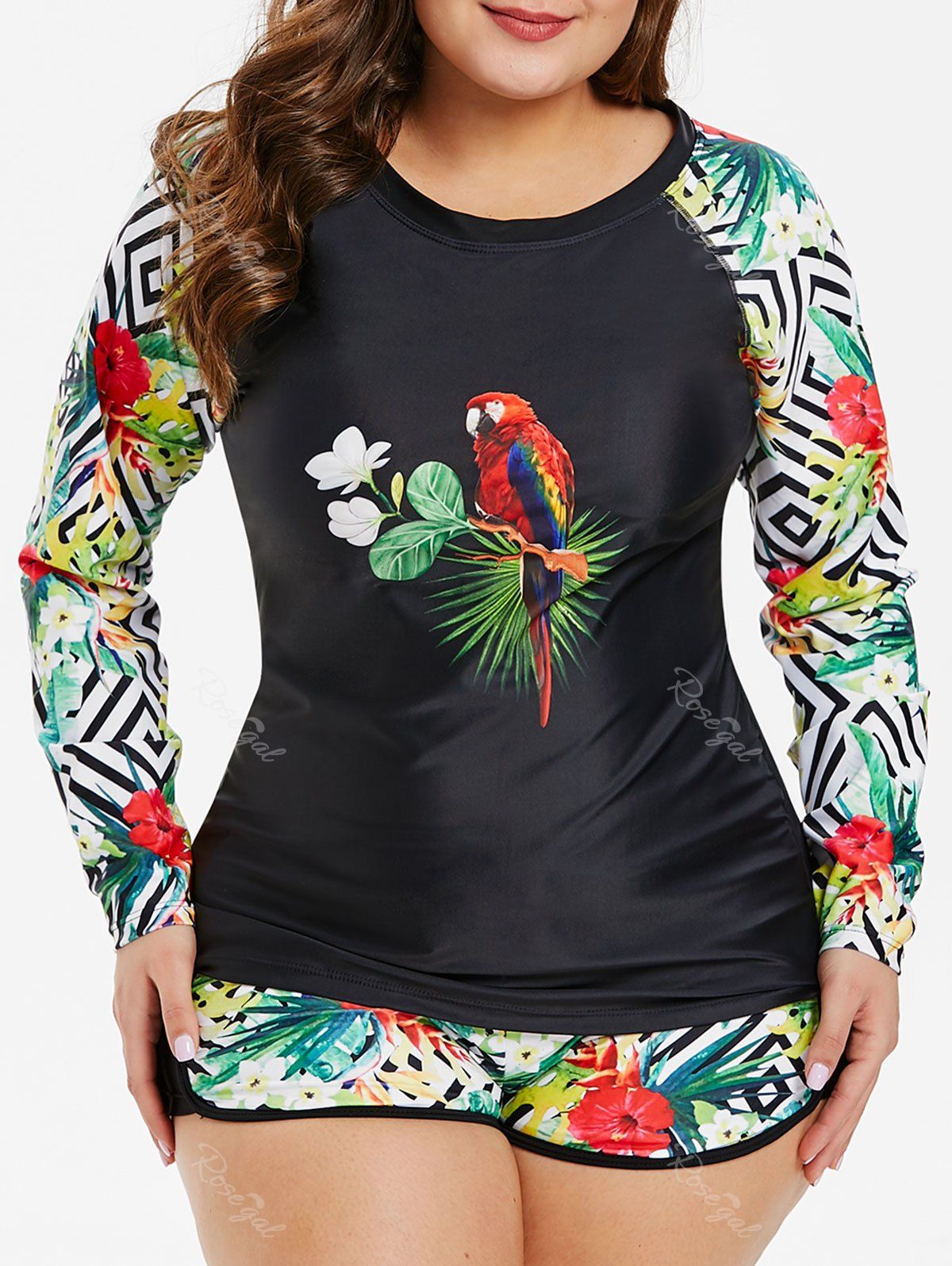 

Parrot and Floral Print Plus Size Surf Bathing Suit, Black