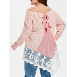 

Plus Size Back Bowknot Mesh Splicing T-shirt, Sakura pink