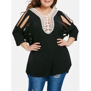

Plus Size Contrast Lace Ladder Cut Out T-shirt, Black