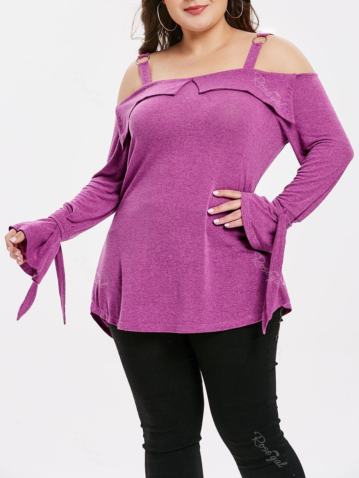 

Flare Sleeve Plus Size Bell Sleeve T-shirt, Purple flower