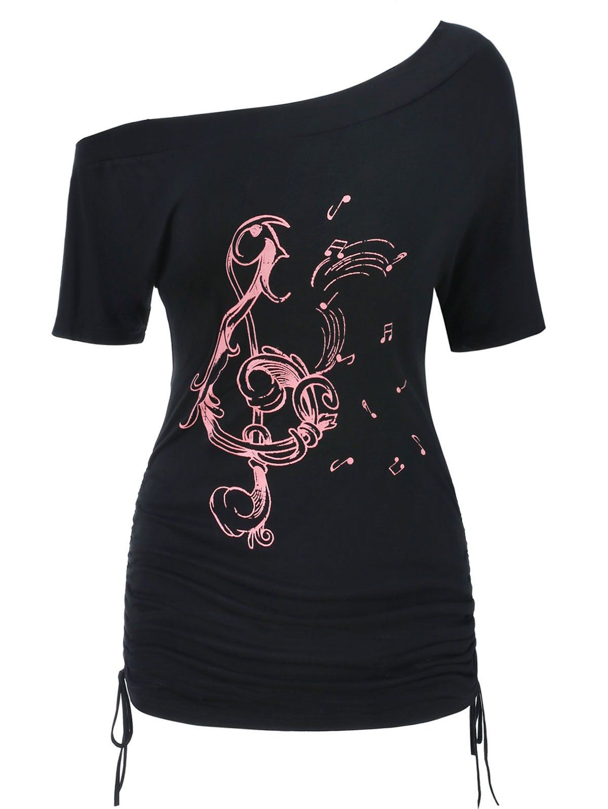 

Cinched Side One Shoulder Printed T Shirt, Black