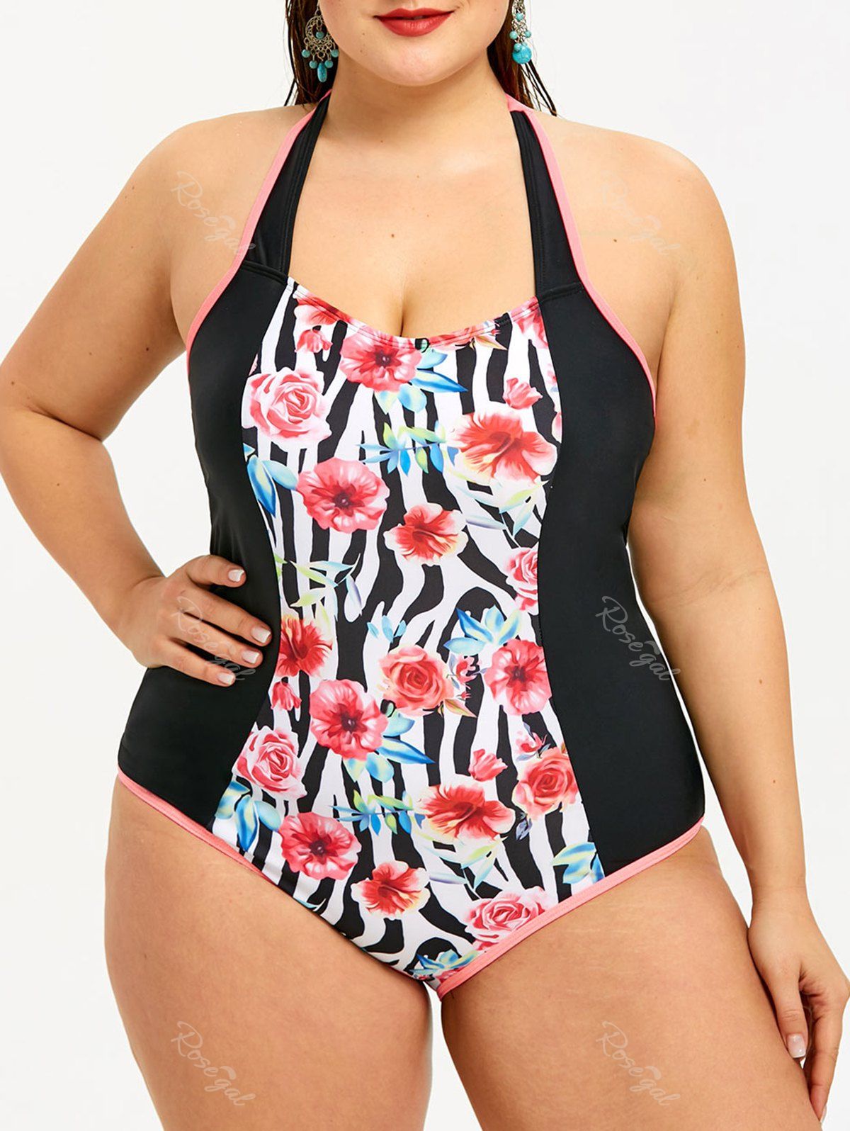 

Plus Size Cut Out Halter Floral One-piece Swimsuit, Black