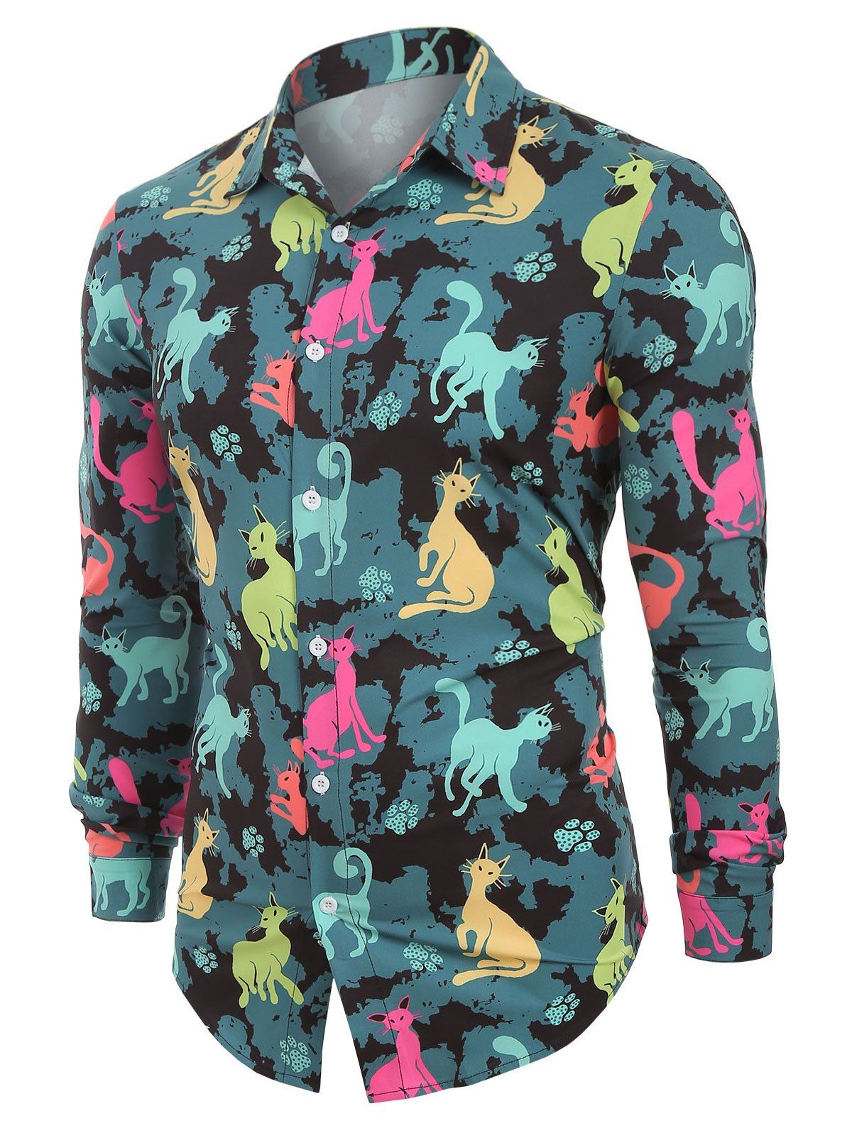 Button Up Cats Print Long Sleeves Casual Shirt