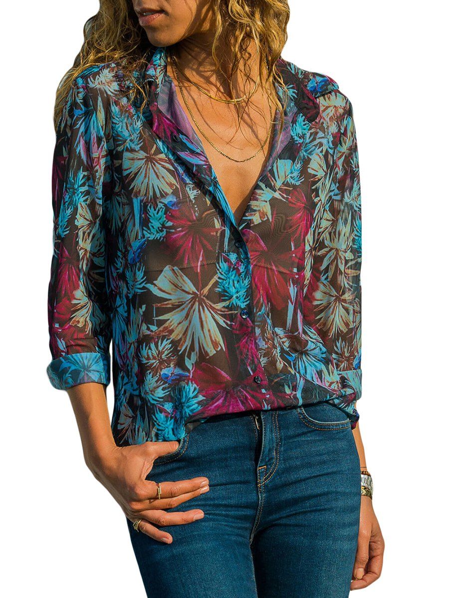 

Floral Print High Low Button Up Shirt, Multi