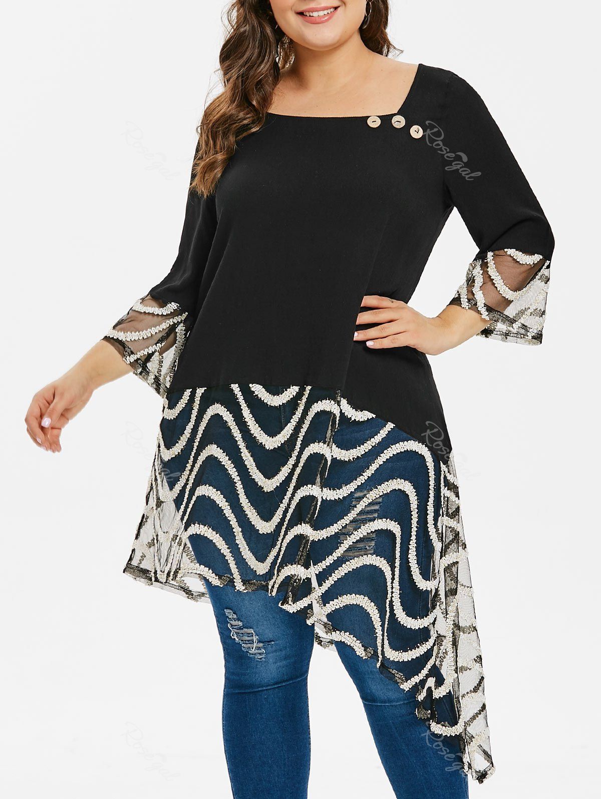 

Skew Neck Flounced Asymmetrical Plus Size T-shirt, Black