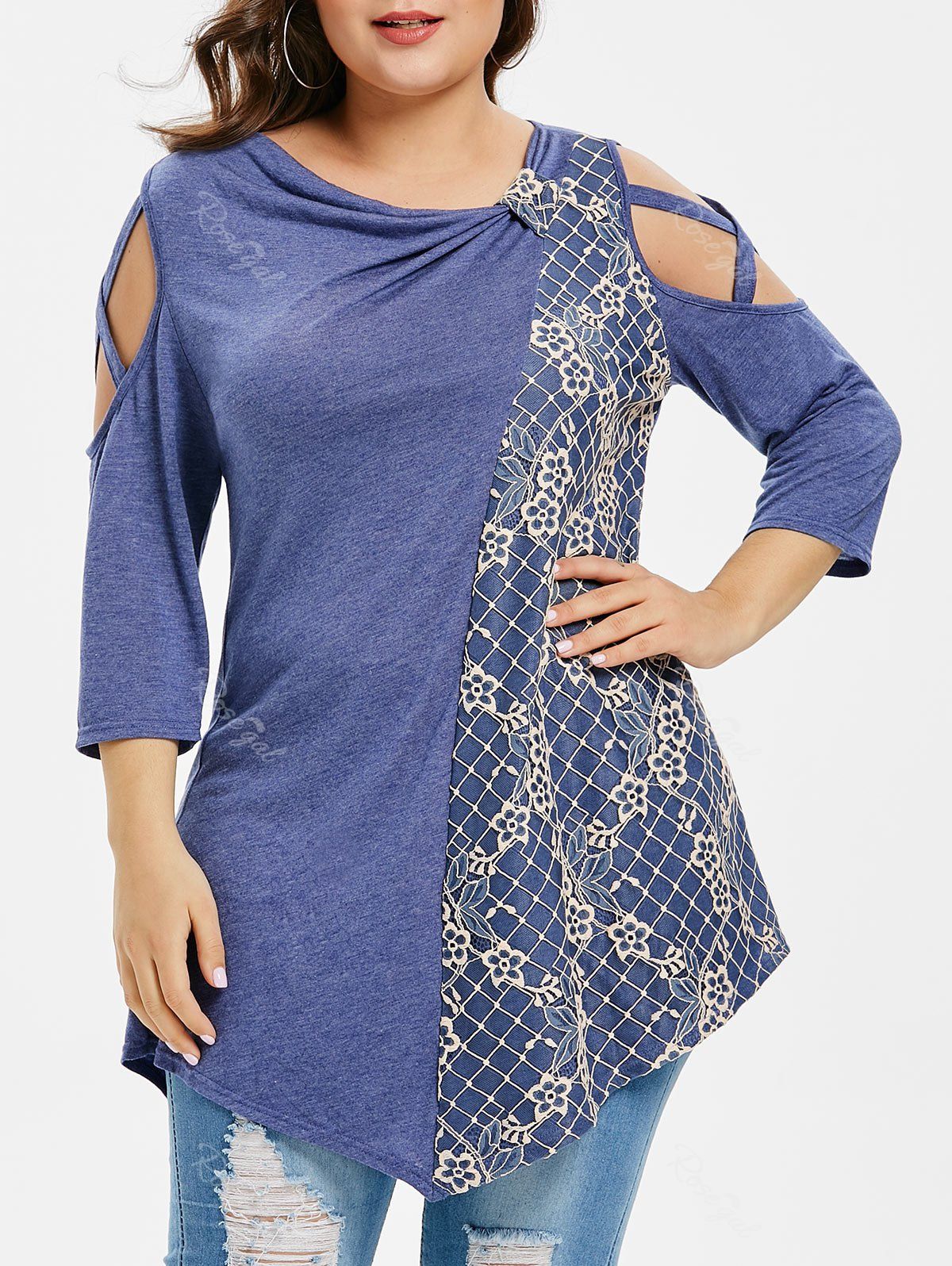 affordable plus size contrast lace open shoulder t shirt