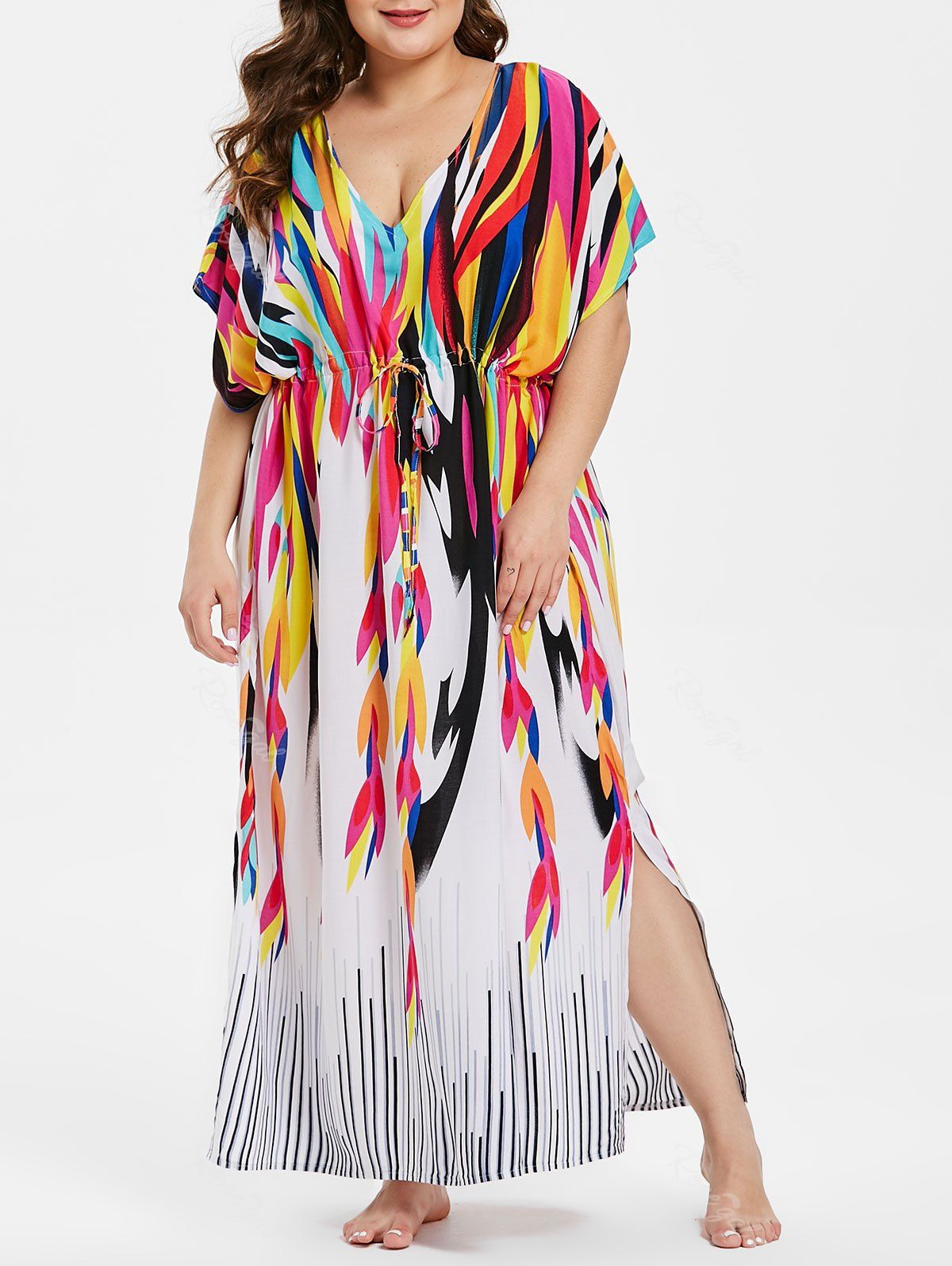 

Drawstring Waist Plus Size Printed Cover Up, Multi